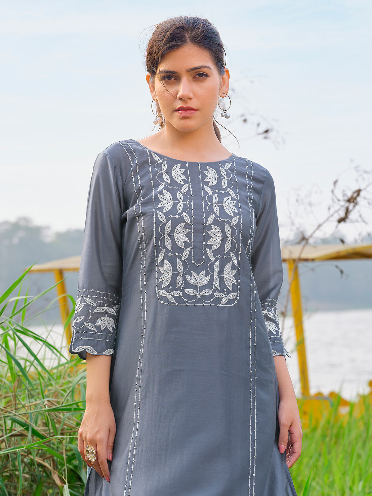 Grey cotton silk yoke style kurti set for festive wear