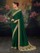 Dark green festive wear munga silk saree