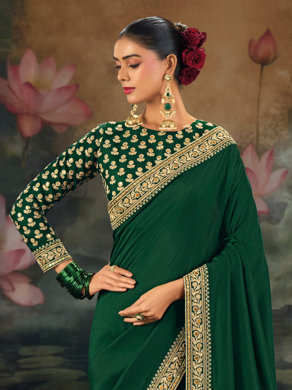 Dark green festive wear munga silk saree