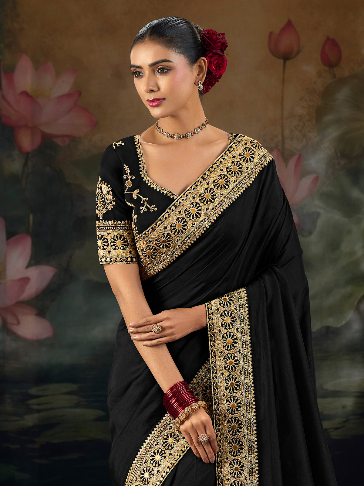 Black party wear saree in pure munga silk