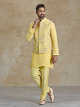 Yellow silk resham and sequins waistcoat set for haldi