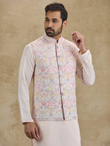 Light pink cotton printed embroidered waistcoat set