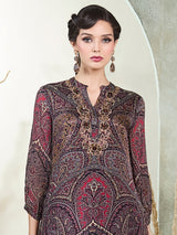 Black silk printed stand collar festive kurti palazzo set