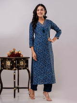 Blue cotton kurti set with bandhej print