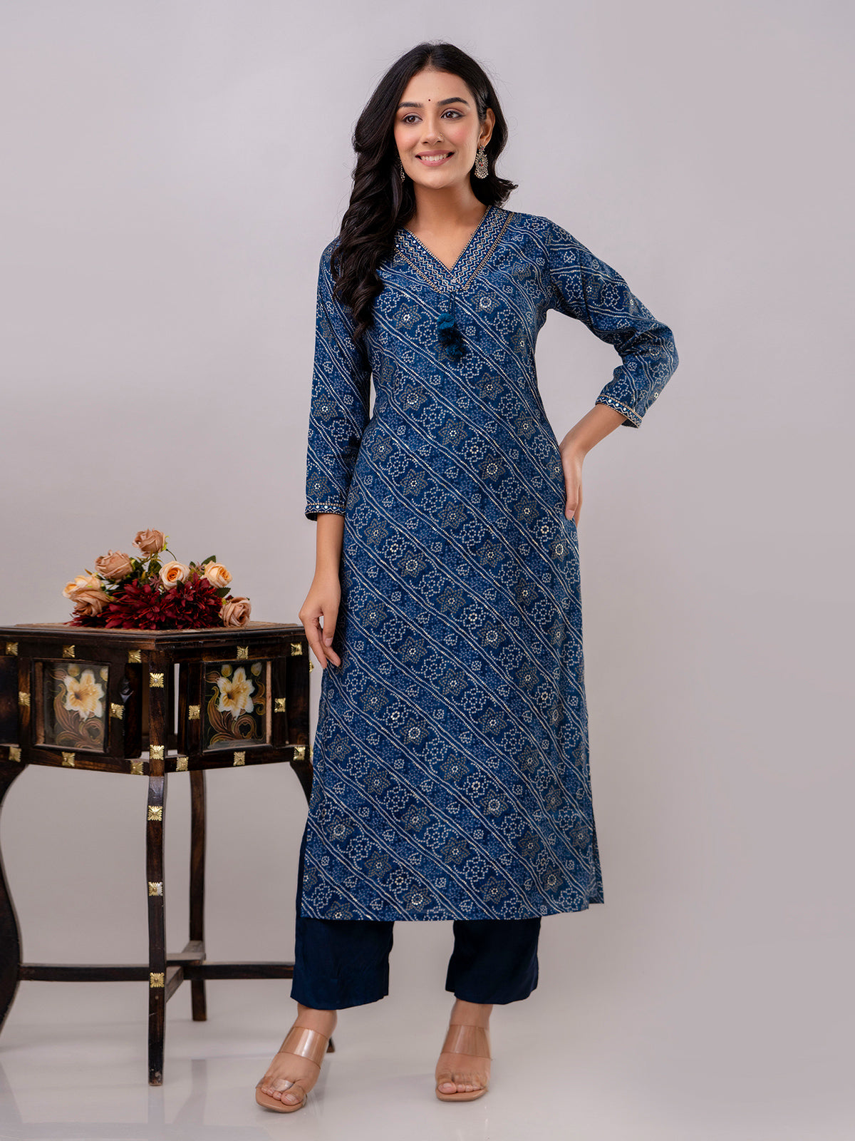 Blue cotton kurti set with bandhej print