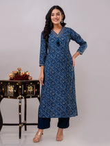 Blue cotton kurti set with bandhej print