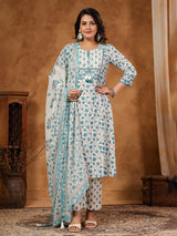Off-white cotton kurti set with blue print