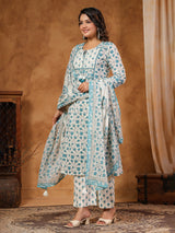 Off-white cotton kurti set with blue print