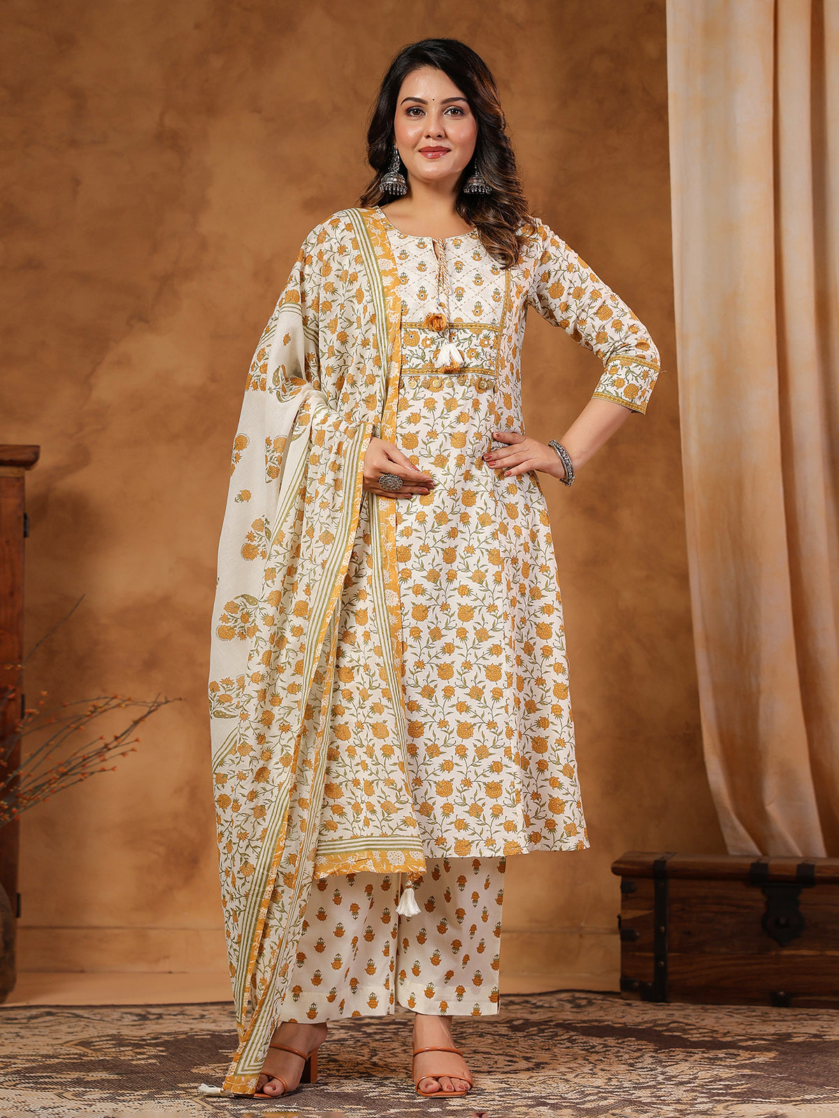 Off-white festive wear cotton kurti set