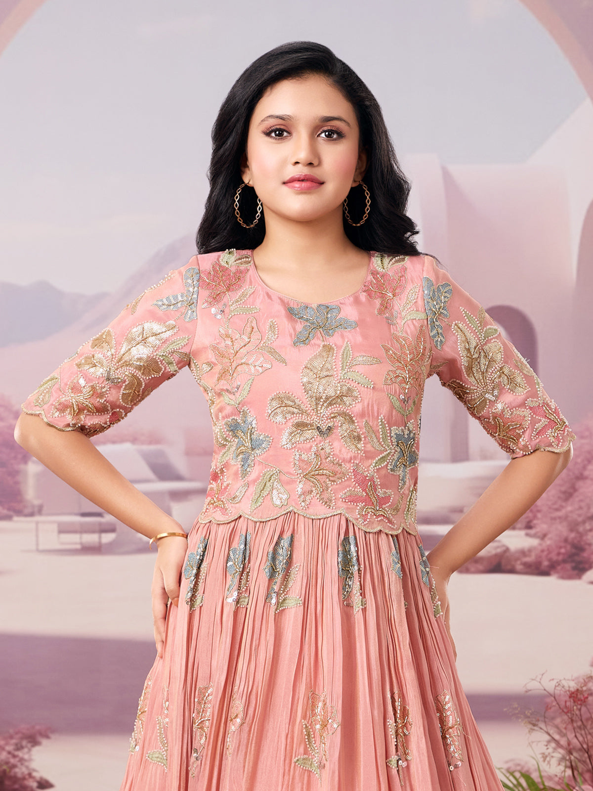 Peach silk gown for girls wedding wear