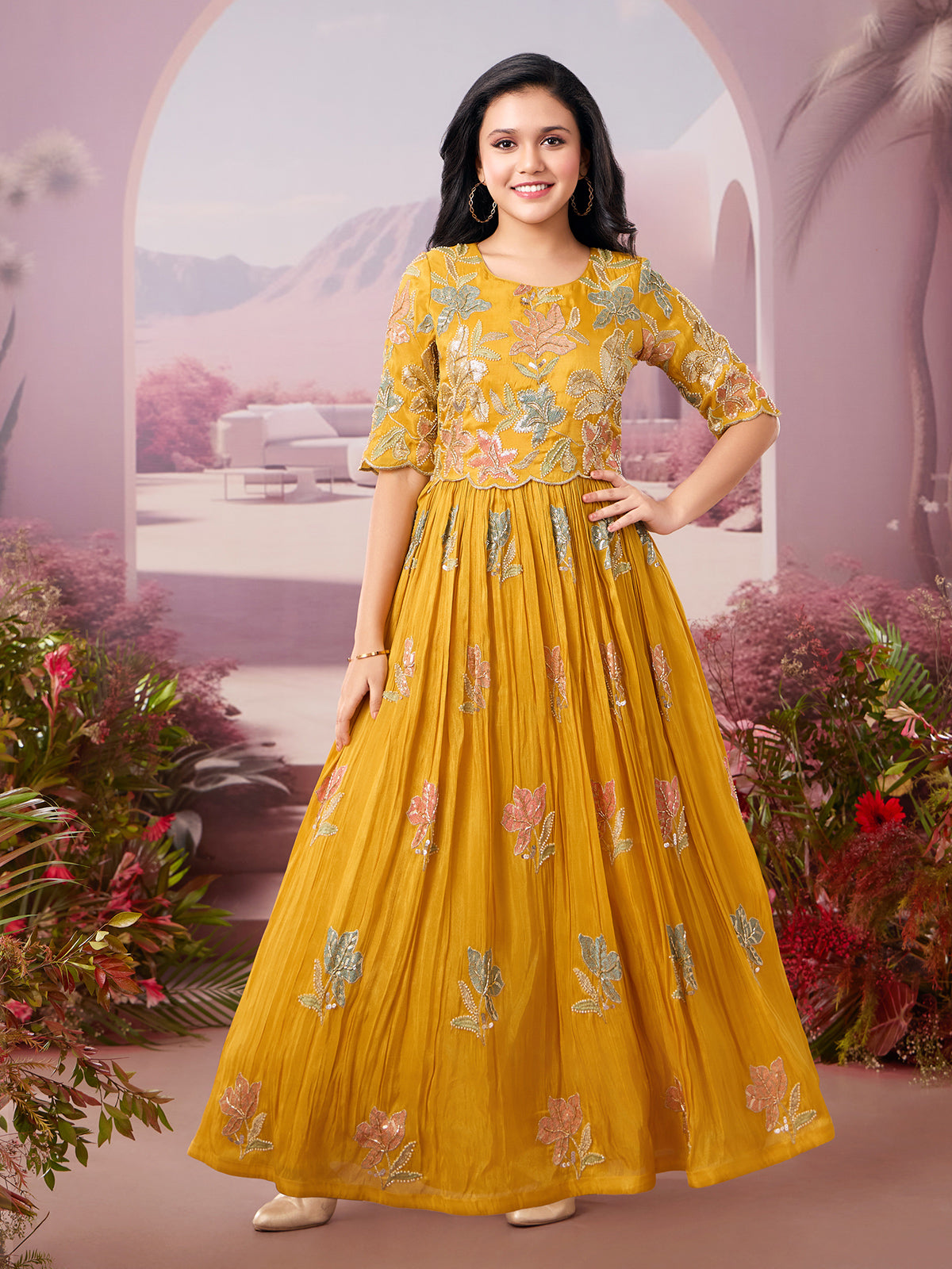 Mustard yellow wedding wear gown with sequin detailing
