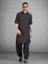 Classic black cotton blend pathani suit with pocket