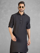 Classic black cotton blend pathani suit with pocket