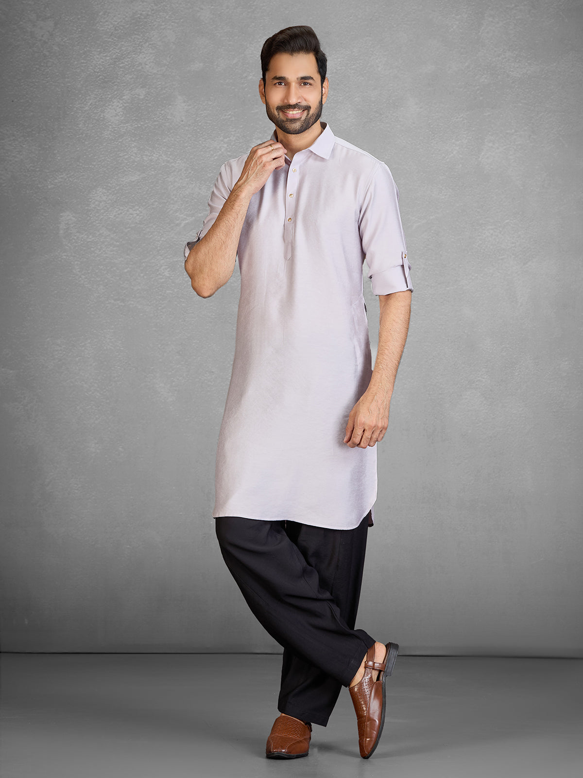 Stylish grey cotton blend pathani suit with pocket