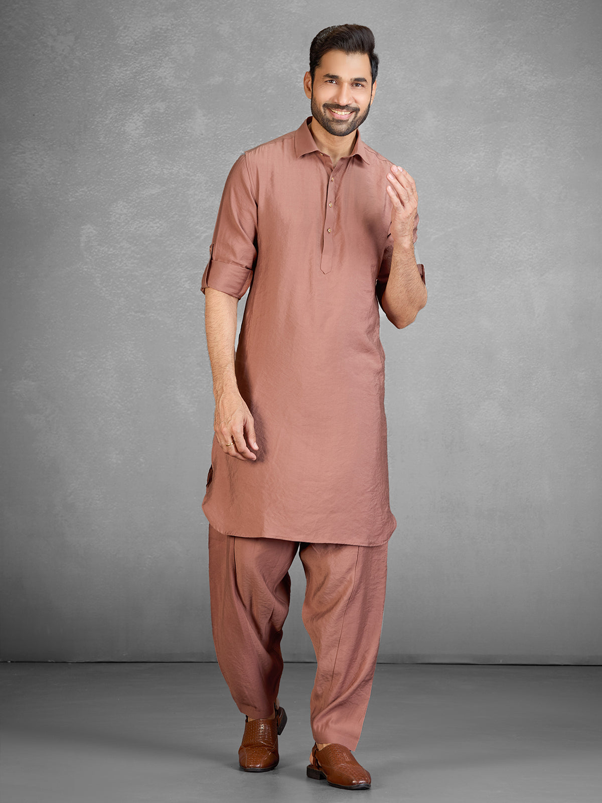 Rich rust brown cotton blend pathani suit