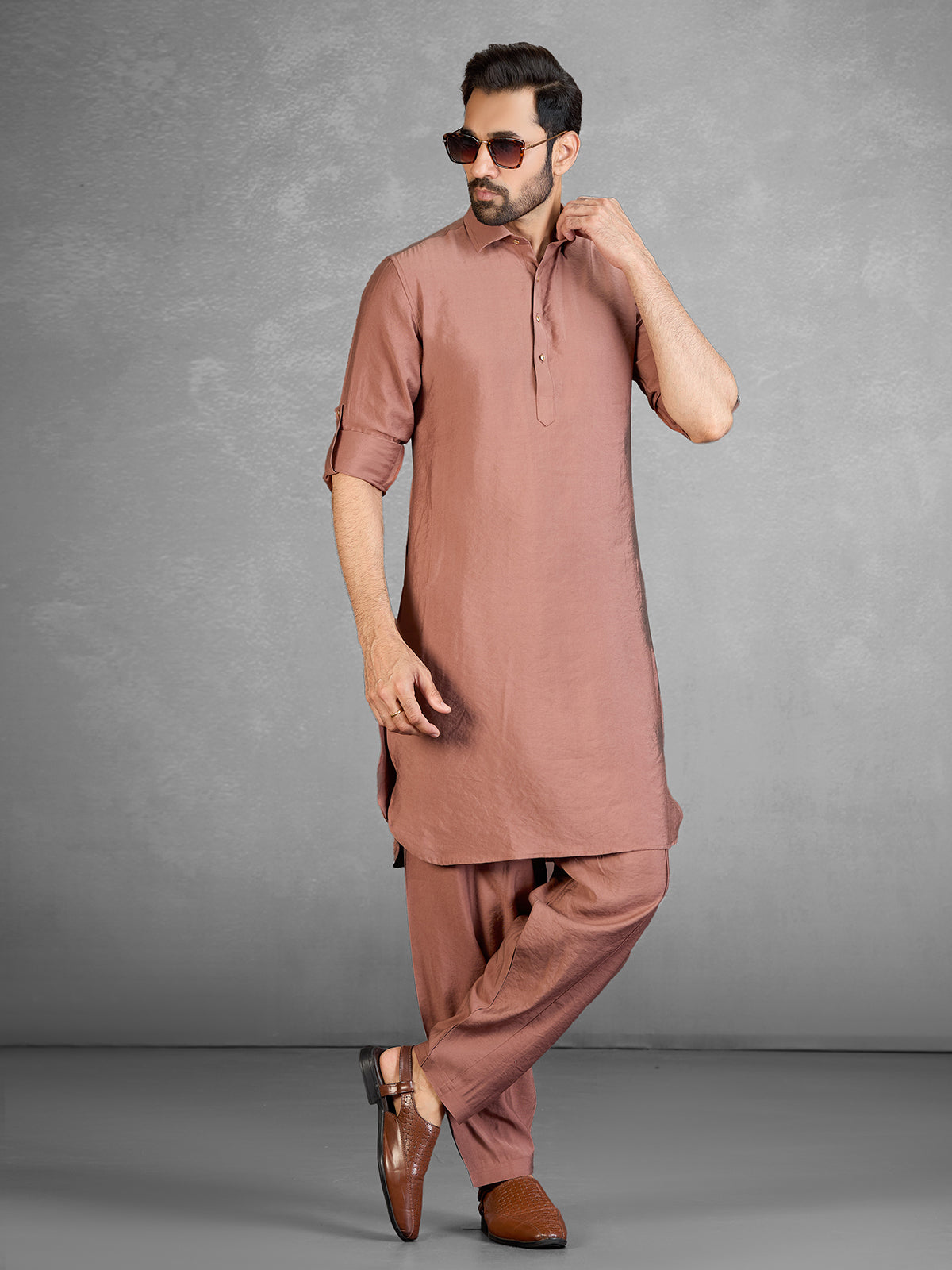 Rich rust brown cotton blend pathani suit