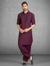 Festive wine cotton blend pathani suit for men