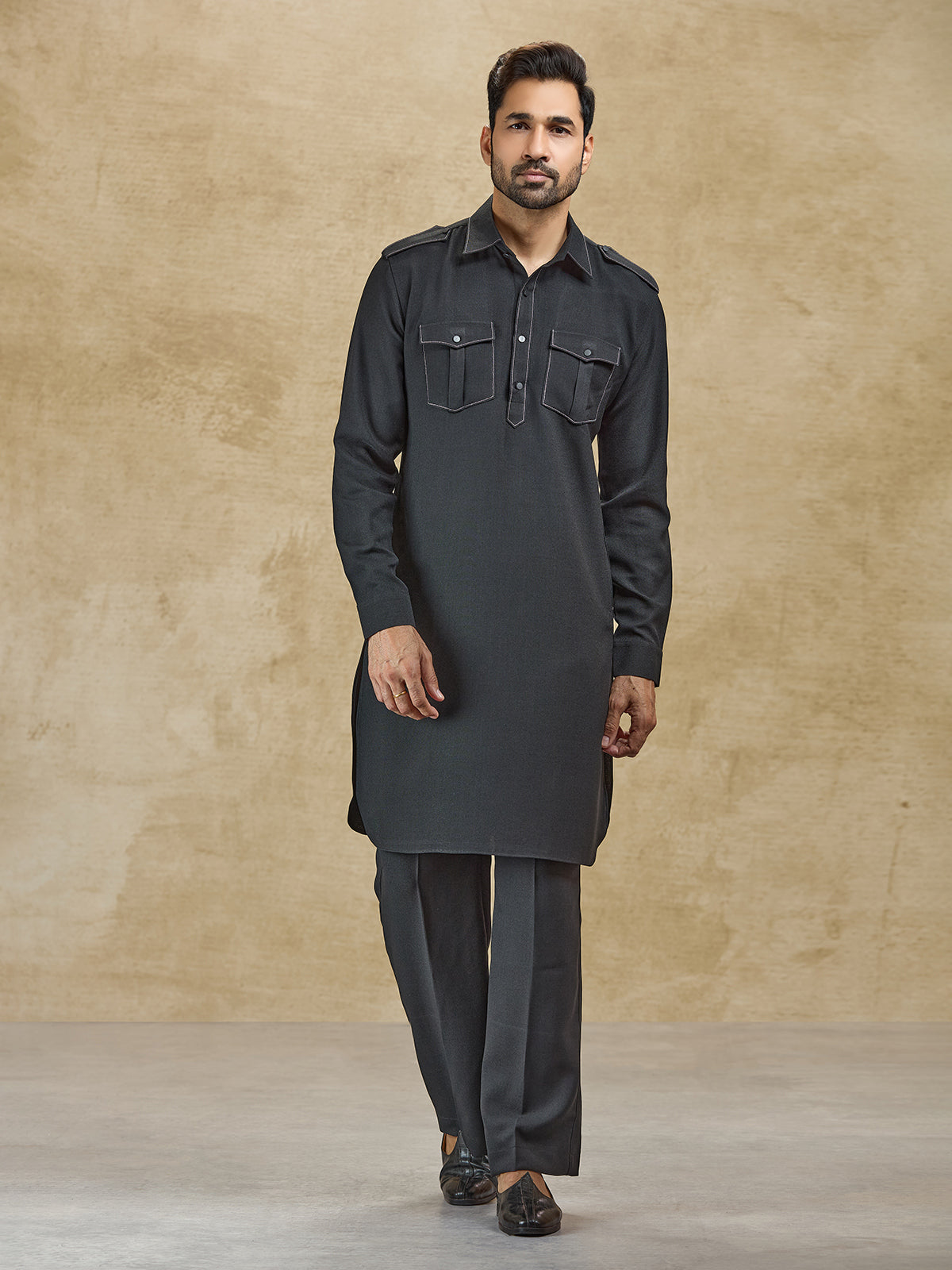 Black linen classic collar pathani suit for eid