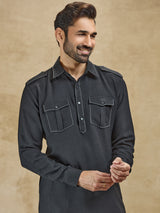 Black linen classic collar pathani suit for eid