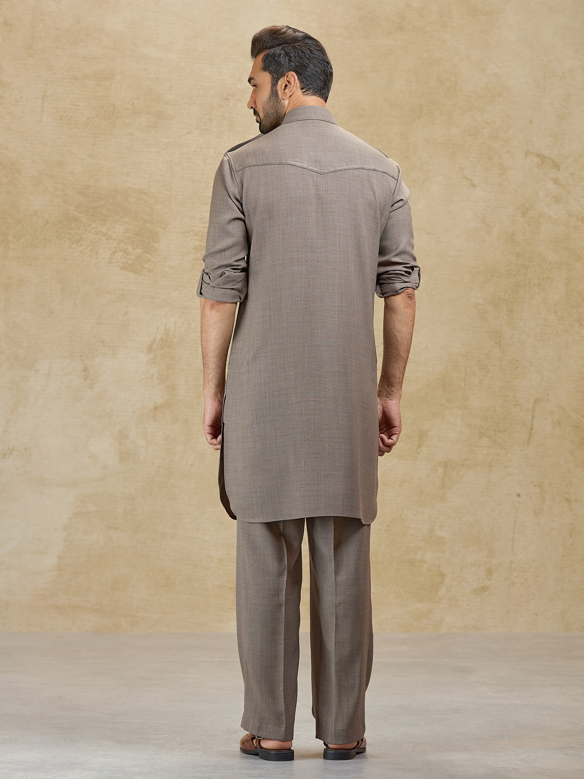 Olive linen classic collar pathani suit for festive