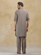 Olive linen classic collar pathani suit for festive