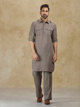 Olive linen classic collar pathani suit for festive