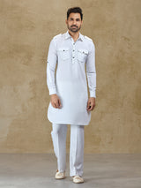 White linen classic collar pathani suit for festive