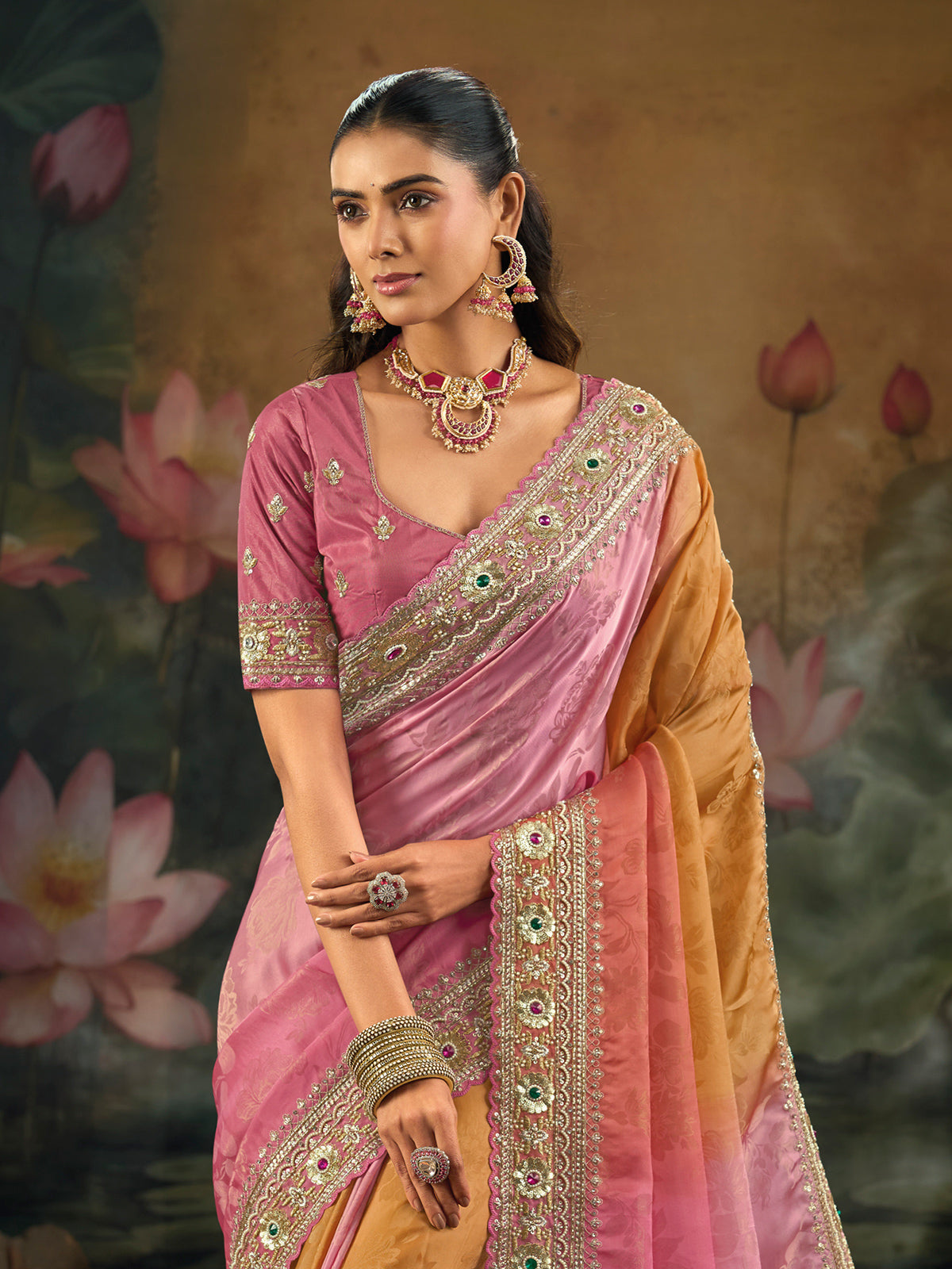 Multicolor shaded crepe saree for festive celebration