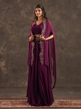 Purple viscose crepe palazzo suit with elegant shrug