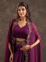 Purple viscose crepe palazzo suit with elegant shrug