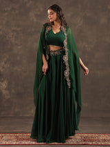 Elegant green viscose crepe palazzo suit with designer shrug