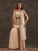 Beige chinon jacket style sharara suit with pearl embellishments
