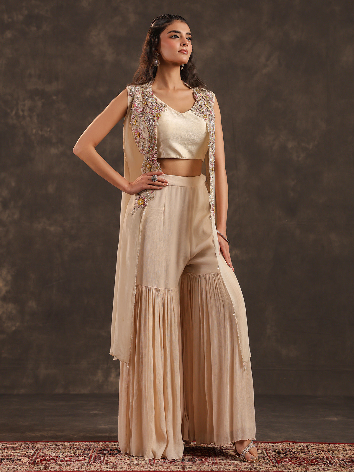 Beige chinon jacket style sharara suit with pearl embellishments