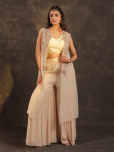 Beige chinon jacket style sharara suit with pearl embellishments