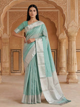 Silver and mint blue chanderi tissue silk saree