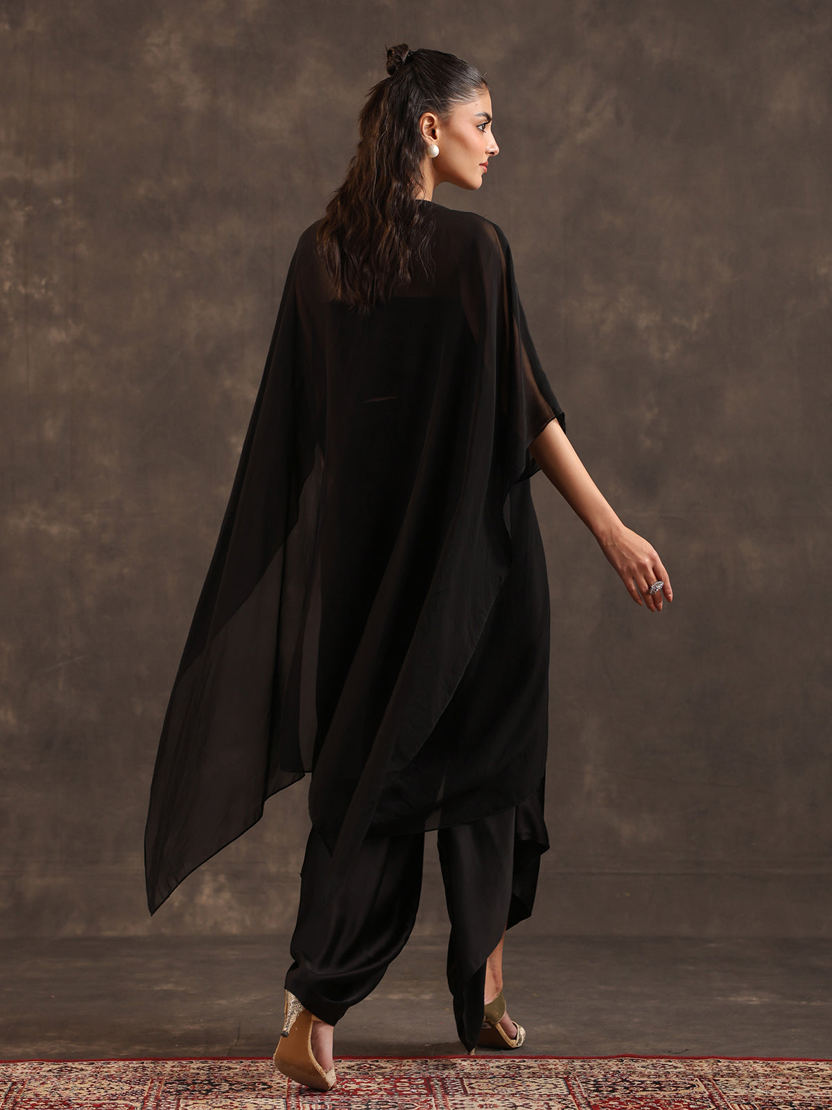 Black organza kaftan style dhoti suit with elegant thread work