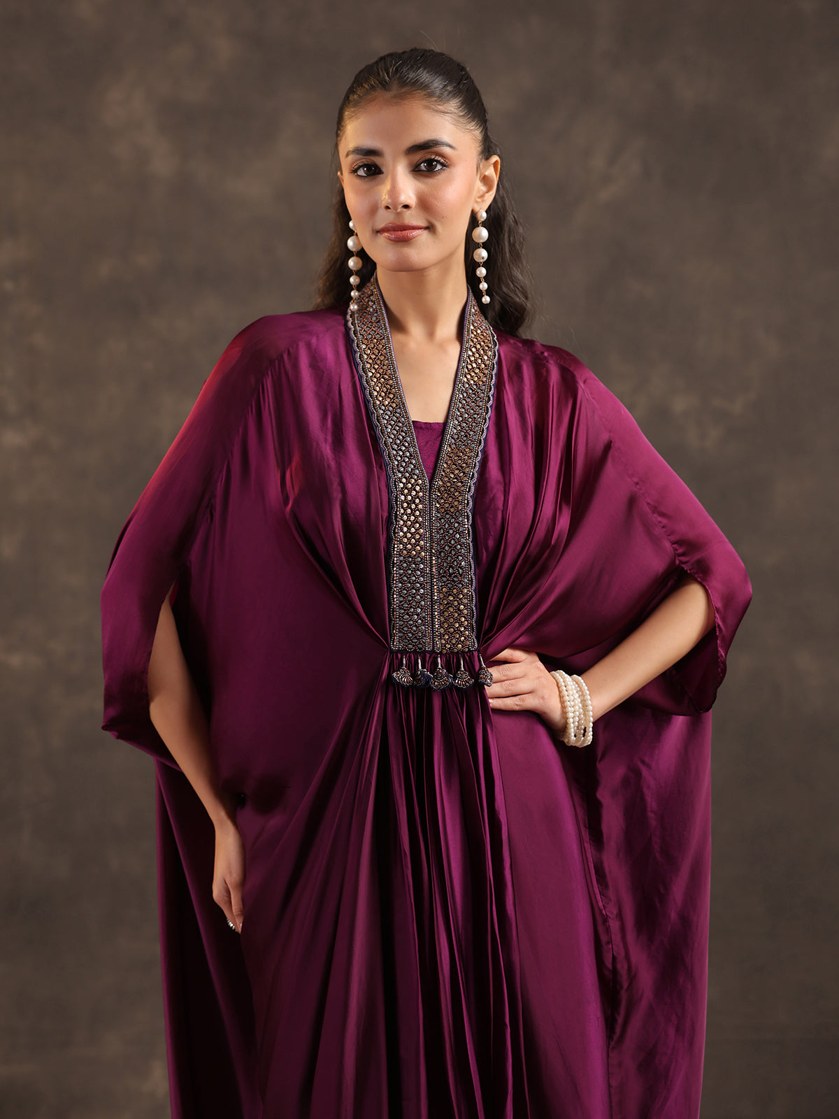Purple modal satin layered kaftan suit for festive wear