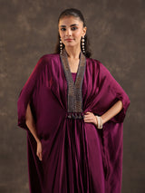 Purple modal satin layered kaftan suit for festive wear