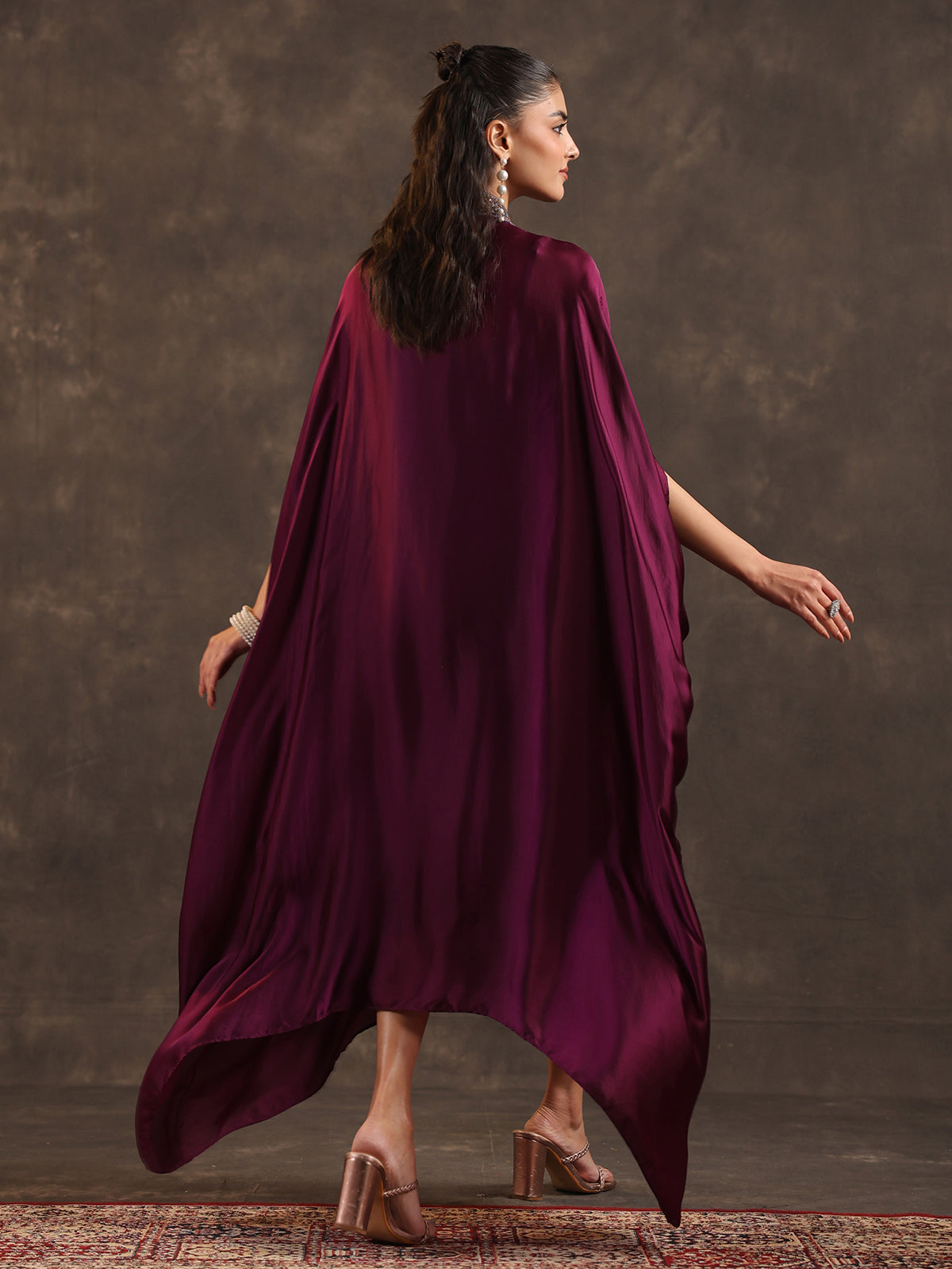 Purple modal satin layered kaftan suit for festive wear