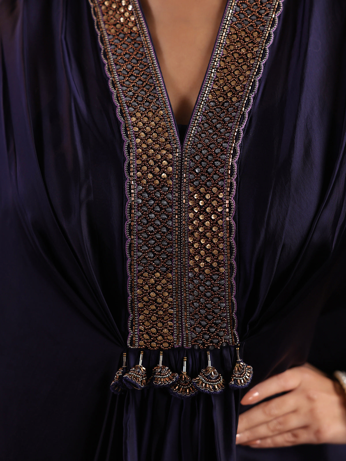 Navy blue modal satin flared kaftan suit with festive sparkle