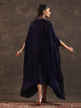 Navy blue modal satin flared kaftan suit with festive sparkle