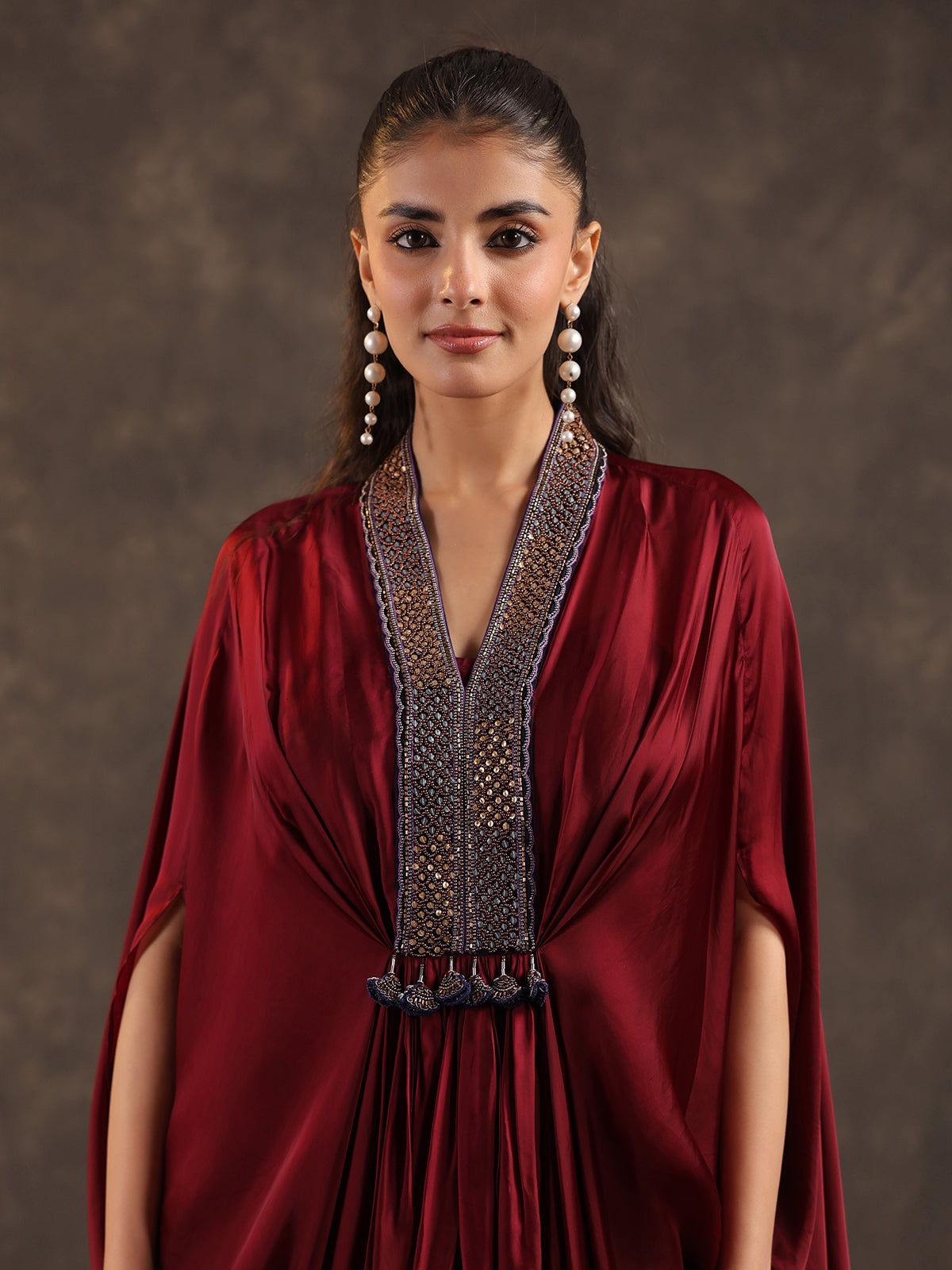 Maroon modal satin flared kaftan suit with festive embellishments