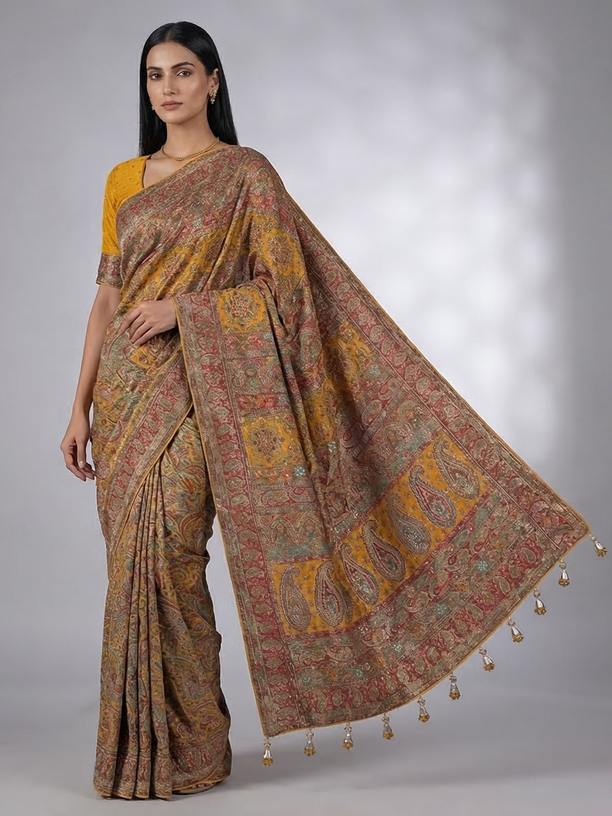 Mustard yellow pashmina silk motif work haldi saree