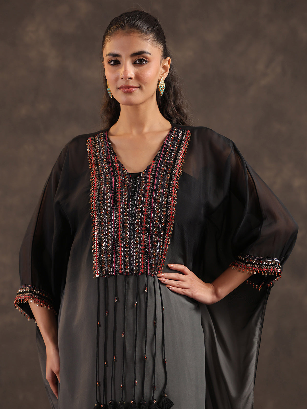 Black organza embellished kaftan suit with elegant V neckline