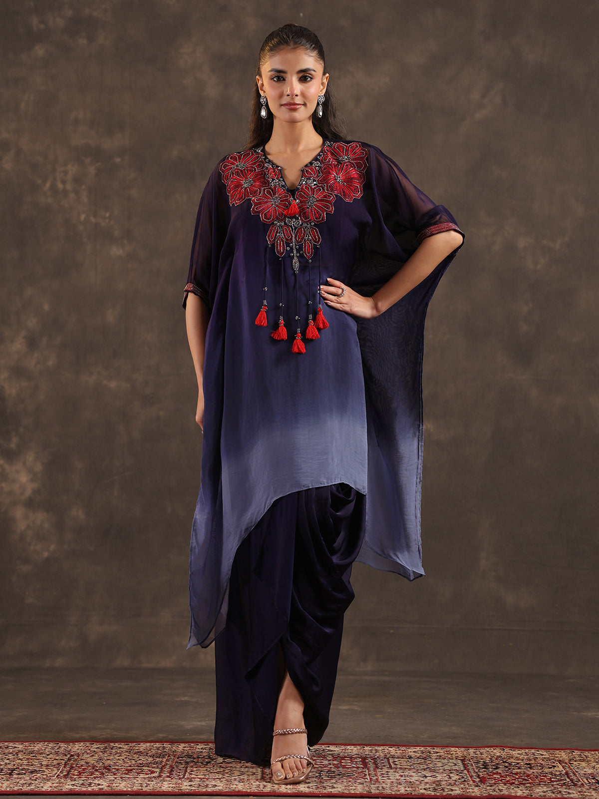 Dark blue ombre organza kaftan suit with festive embellishments