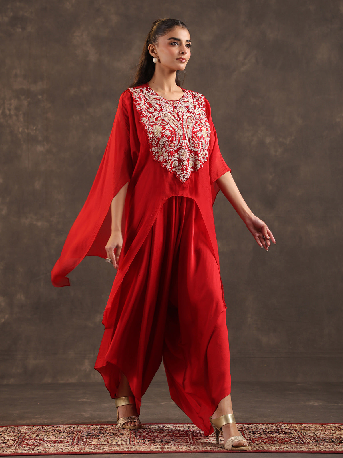 Designer red organza kaftan dhoti suit with elegant thread work