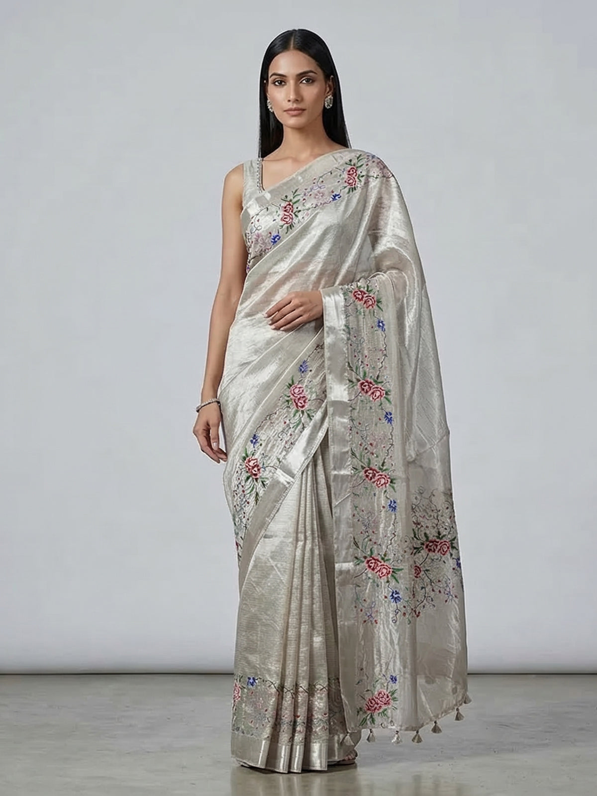 Beige tissue silk saree with thread and zari work