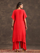 Red viscose crepe kaftan palazzo suit with festive embellishments