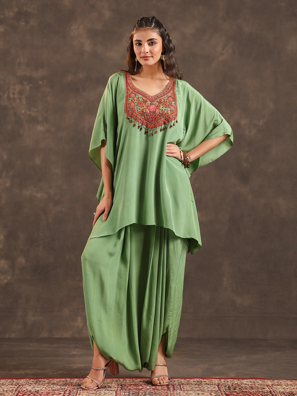 Light green designer kaftan dhoti suit with pearl embellishments