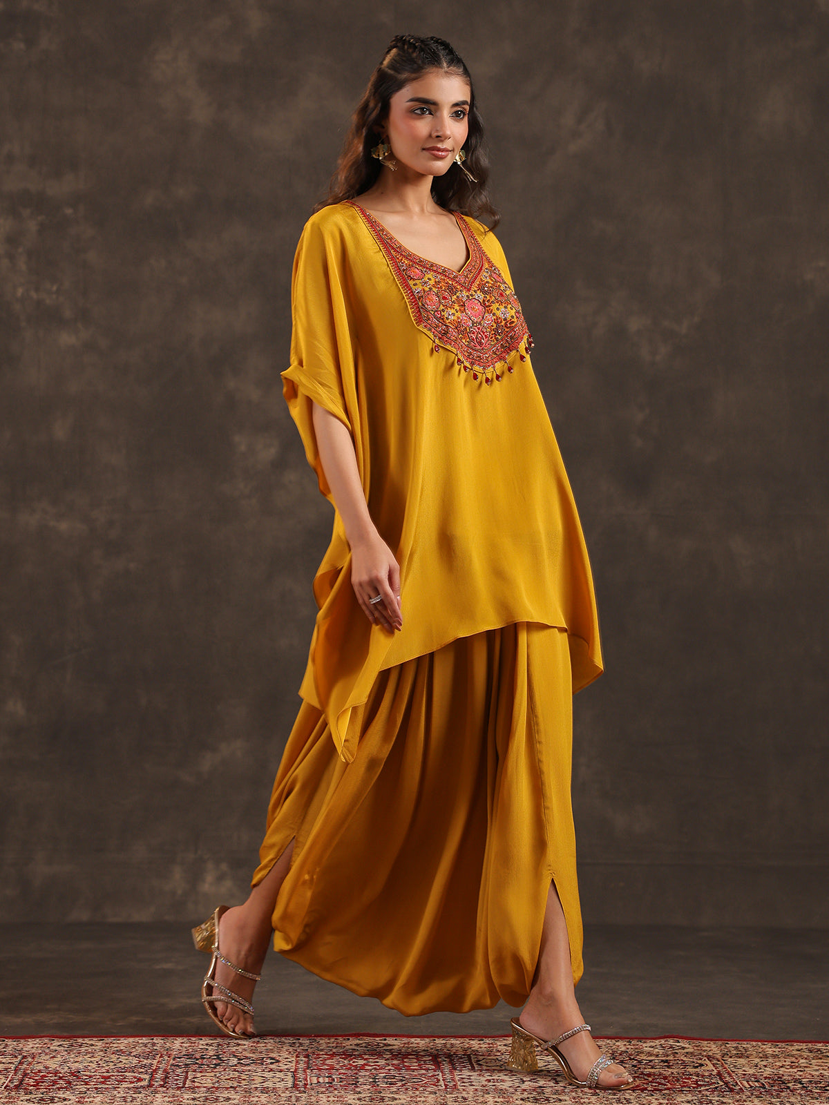 Mustard yellow designer kaftan dhoti suit with festive embellishments